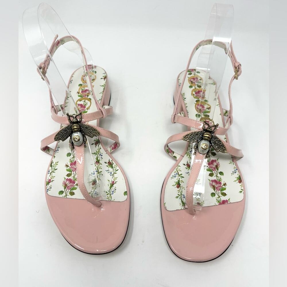 NEW Gucci Pink Patent Leather GG Bee Pearl Thong Sandal Kitten Heel Size 38.5 EU - Picture 3 of 7